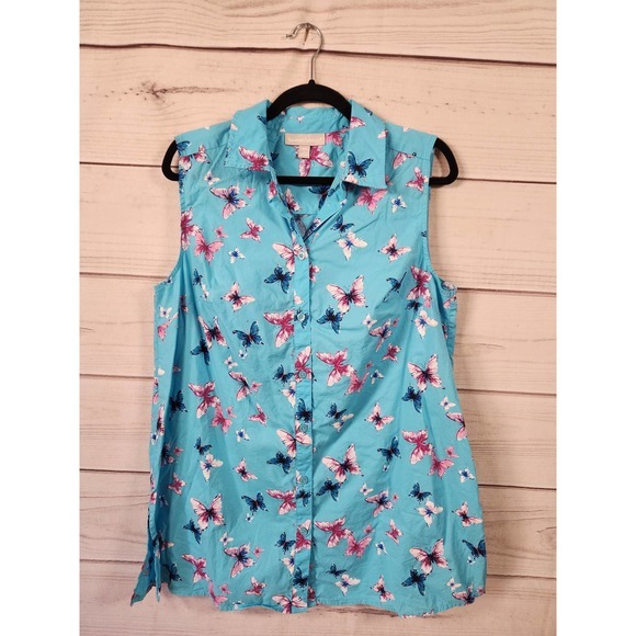 Woman‎ Within Women's Blue Butterflies Sleeveless Button Front Blouse Size 14/16 - Picture 1 of 5
